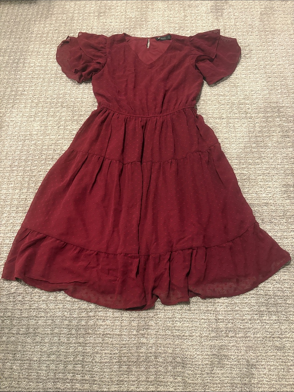 Mikarose Wine-Red Tiered Dress with Puff Sleeves